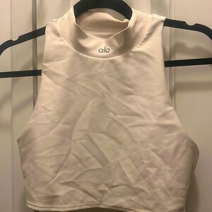 High neck, open back cream sports bra- Alo Yoga